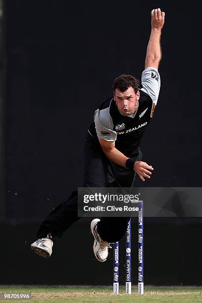 Kyle Mills of New Zealand in action during The ICC T20 World Cup warm up match between Ireland and New Zealand at The Guyana National Stadium Cricket...