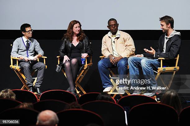 Moderator Jeff Chu, filmmaker Deborah Scranton, fixer Jean Pierre Sagahutu and filmmaker Reid Carolin attend Tribeca Talks: "Earth Made Of Glass"...