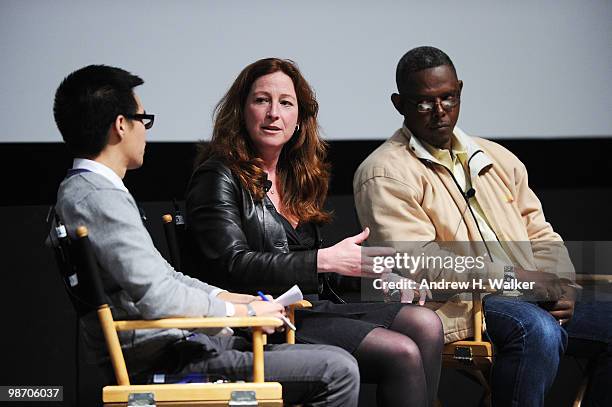 Moderator Jeff Chu, filmmaker Deborah Scranton and fixer Jean Pierre Sagahutu speak at Tribeca Talks: "Earth Made Of Glass" during the 2010 Tribeca...