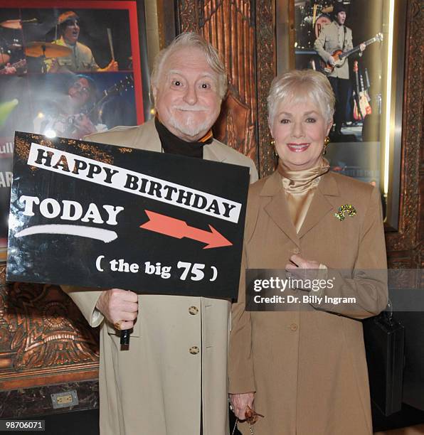 Actor Marty Ingels and actress Shirley Jones, who is celebrating her 75th birthday today, arrive to the opening night of "Rain: A Tribute To The...