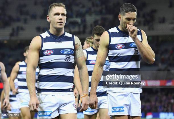 Joel Selwood and Harry Taylor of the Cats look dejected after losing the round 15 AFL match between the Western Bulldogs and the Geelong Cats at...