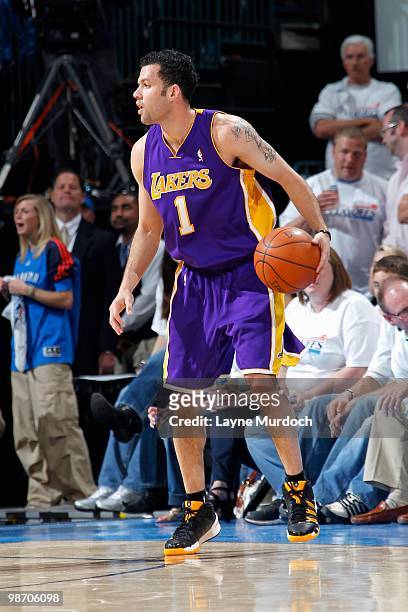 Jordan Farnar of the Los Angeles Lakers handles the ball against the Oklahoma City Thunder in Game Four of the Western Conference Quarterfinals...