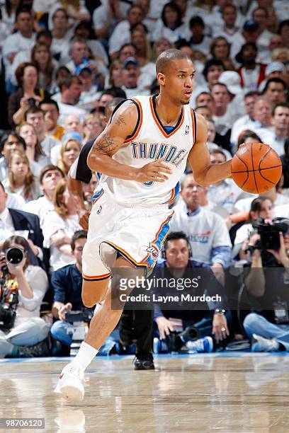 Eric Maynor of the Oklahoma City Thunder drives the ball up court against the Los Angeles Lakers in Game Four of the Western Conference Quarterfinals...
