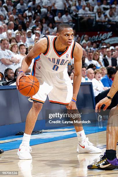 Russell Westbrook of the Oklahoma City Thunder handles the ball in Game Four of the Western Conference Quarterfinals against the Los Angeles Lakers...