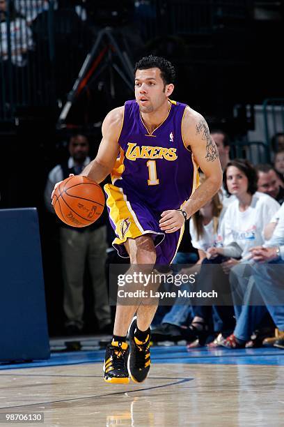 Jordan Farmar of the Los Angeles Lakers drives the ball up court against the Oklahoma City Thunder in Game Four of the Western Conference...