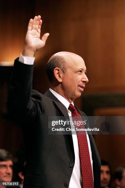 Lloyd Blankfein, chairman and CEO of The Goldman Sachs Group, is sworn in while testifying before the Senate Homeland Security and Governmental...