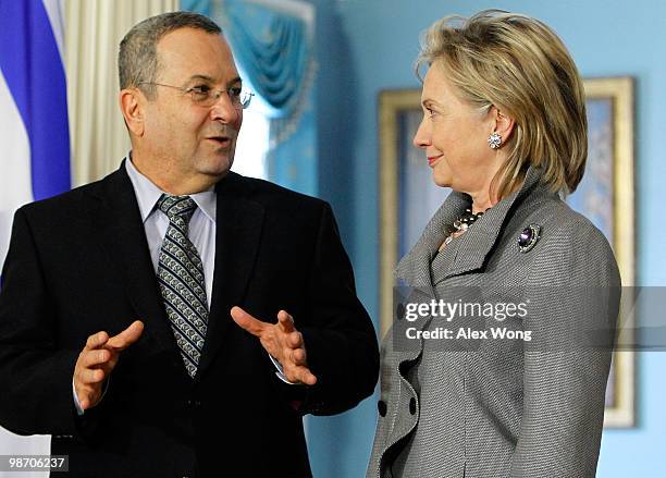 Israeli Defense Minister Ehud Barak speaks with U.S. Secretary of State Hillary Clinton after a meeting at the State Department April 27, 2010 in...