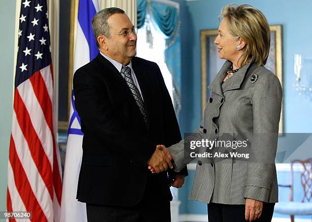 Secretary of State Hillary Clinton shakes hands with Israeli Defense Minister Ehud Barak after a meeting at the State Department April 27, 2010 in...