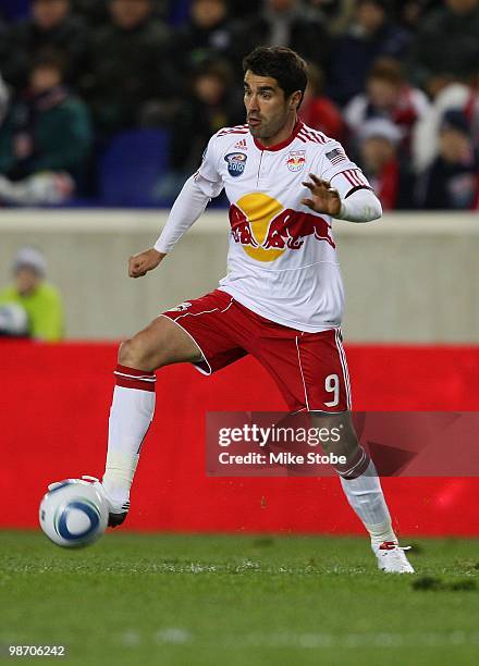 Juan Pablo Angel of the New York Red Bulls plays the ball against the FC Dallas on April 17, 2010 at Red Bull Arena in Harrison, New Jersey. The Red...