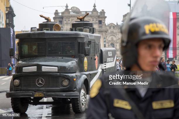 Riot police is seen during a protest against corruption in public institutions in front of Government Palace on June 27, 2018 in Lima, Peru.