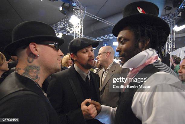 Musician Joel Madden, Musician Benji Madden of Good Charlotte and Musician will.i.am arrive at the 2007 MTV Europe Music Awards at Olympiahalle on...