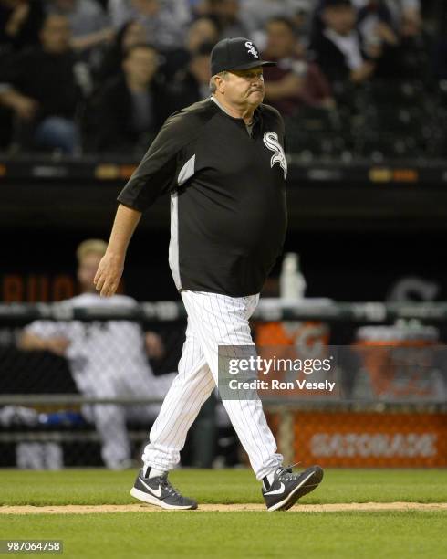 Pitching coach Don Cooper of the Chicago White Sox walks out toward the pitchers mound during the game against the Minnesota Twins on May 4, 2018 at...