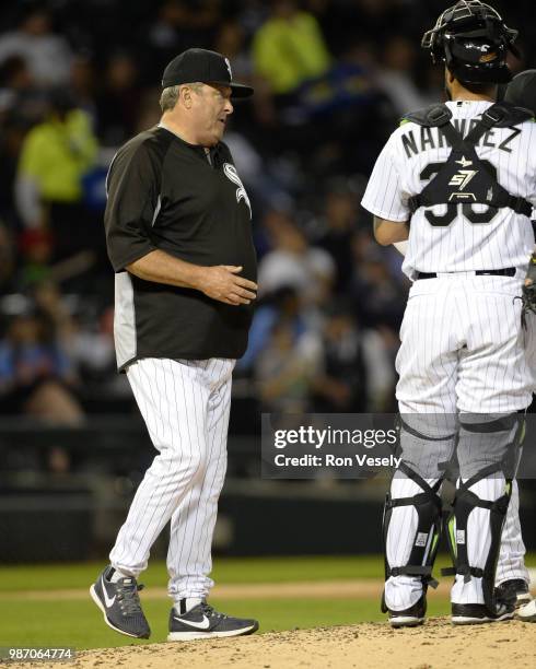 Pitching coach Don Cooper of the Chicago White Sox walks out toward the pitchers mound during the game against the Minnesota Twins on May 4, 2018 at...