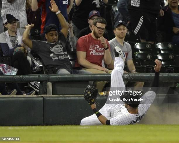 Nicky Delmonico of the Chicago White Sox makes a spectacular sliding catch against the Minnesota Twins on May 4, 2018 at Guaranteed Rate Field in...