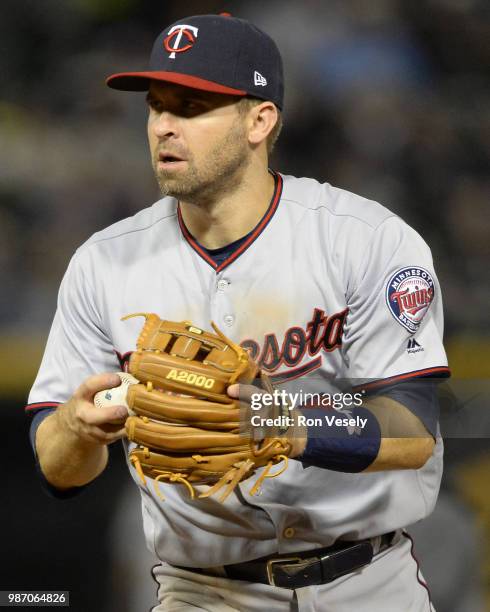 Brian Dozier of the Minnesota Twins fields against the Chicago White Sox on May 4, 2018 at Guaranteed Rate Field in Chicago, Illinois.