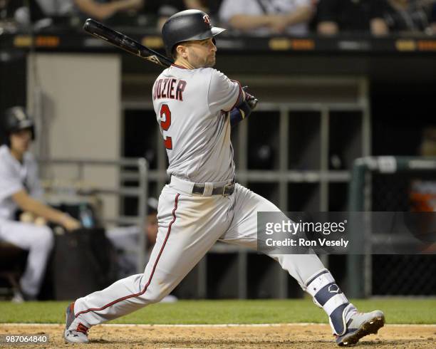 Brian Dozier of the Minnesota Twins bats against the Chicago White Sox on May 4, 2018 at Guaranteed Rate Field in Chicago, Illinois.