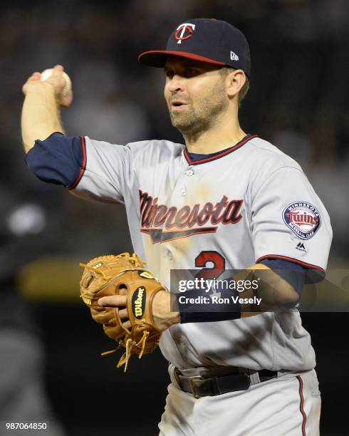 Brian Dozier of the Minnesota Twins fields against the Chicago White Sox on May 4, 2018 at Guaranteed Rate Field in Chicago, Illinois.