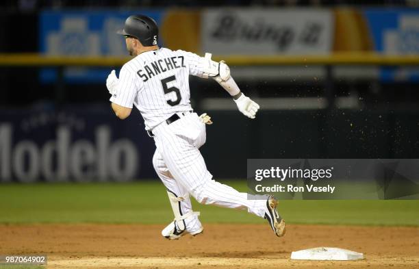 Yolmer Sanchez of the Chicago White Sox runs the bases against the Minnesota Twins on May 4, 2018 at Guaranteed Rate Field in Chicago, Illinois.