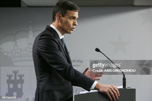 Spain's Prime Minister Pedro Sanchez gives a press conference on the sidelines of an European Union leaders' summit, without Britain, to discuss...