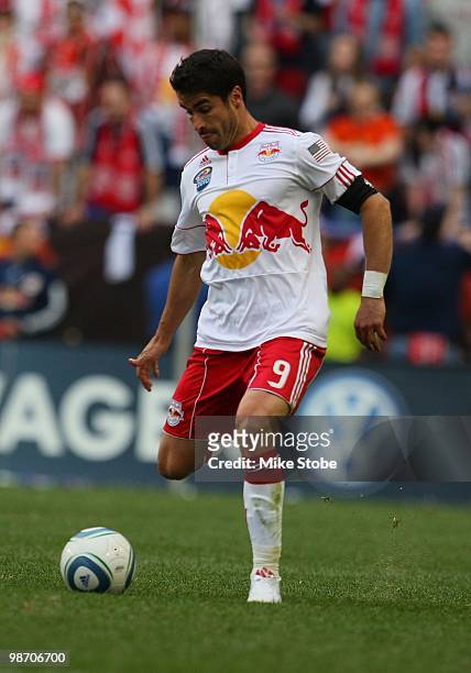 Juan Pablo Angel of the New York Red Bulls controls the ball against the Philadelphia Union on April 24, 2010 at Red Bull Arena in Harrison, New...