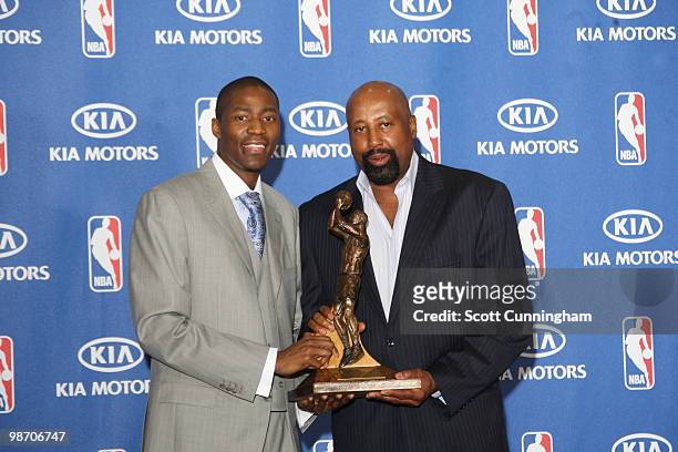 Jamal Crawford and Head Coach Mike Woodson of the Atlanta Hawks pose with the 2009-10 NBA Sixth Man Award Presented by Kia Motors on April 27, 2010...