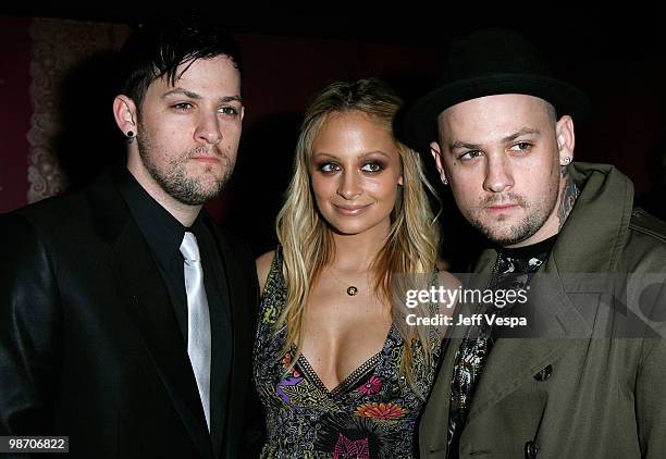 Joel Madden, Nicole Richie and Benji Madden at Entertainment Weekly's toast to Antonio "LA" Reid at STK-LA on February 10, 2008 in West Hollywood,...
