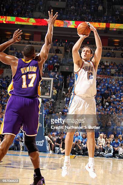 Nenad Krstic of the Oklahoma City Thunder shoots over Andrew Bynum of the Los Angeles Lakers in Game Three of the Western Conference Quarterfinals...