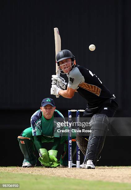 Rob Nicol of New Zealand in action during The ICC T20 World Cup warm up match between Ireland and New Zealand at the Guyana National Stadium Cricket...