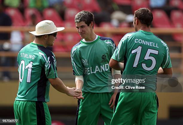 George Dockrell of Ireland celebrates the wicket of Scott Styris of New Zealand during The ICC T20 World Cup warm up match between Ireland and New...