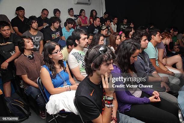 Fermatta music school students attend the Grammy at Your School press conference at Academia De Musica - Fermatta on April 27, 2010 in Mexico City,...