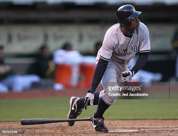 Curtis Granderson of the New York Yankees in action against the Oakland Athletics during an MLB game at the Oakland-Alameda County Coliseum on April...