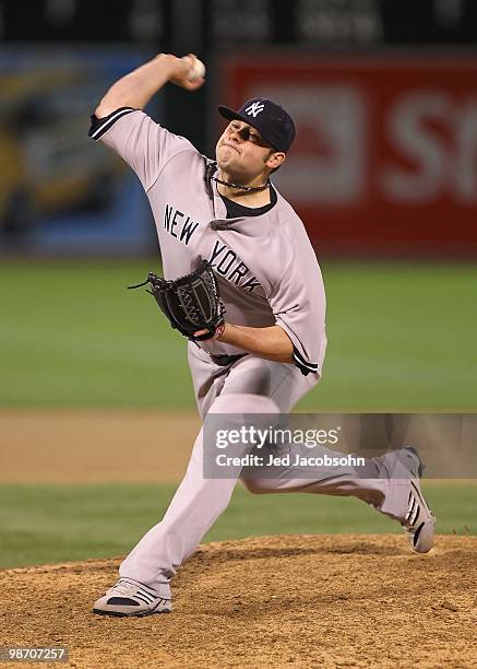 Joba Chamberlain of the New York Yankees in action against the Oakland Athletics during an MLB game at the Oakland-Alameda County Coliseum on April...
