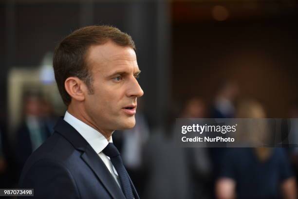 French President Emmanuel Macron arrives at The European Council summit in Brussels on June 28, 2018. European Union leaders meet today for the...