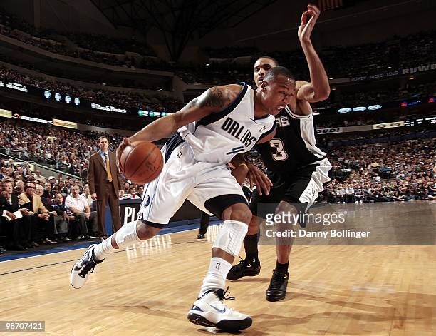 Caron Butler of the Dallas Mavericks drives to the basket against George Hill of the San Antonio Spurs in Game One of the Western Conference...