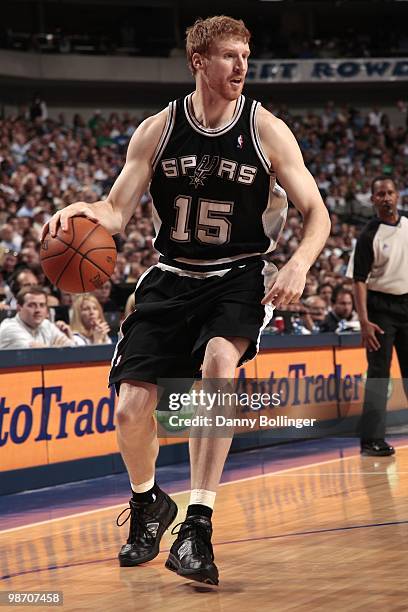 Matt Bonner of the San Antonio Spurs looks to make a play in Game Two of the Western Conference Quarterfinals against the Dallas Mavericks during the...