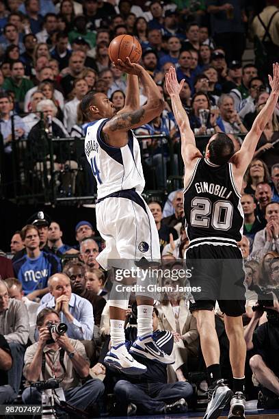 Caron Butler of the Dallas Mavericks shoots a jump shot against Manu Ginobili of the San Antonio Spurs in Game Two of the Western Conference...