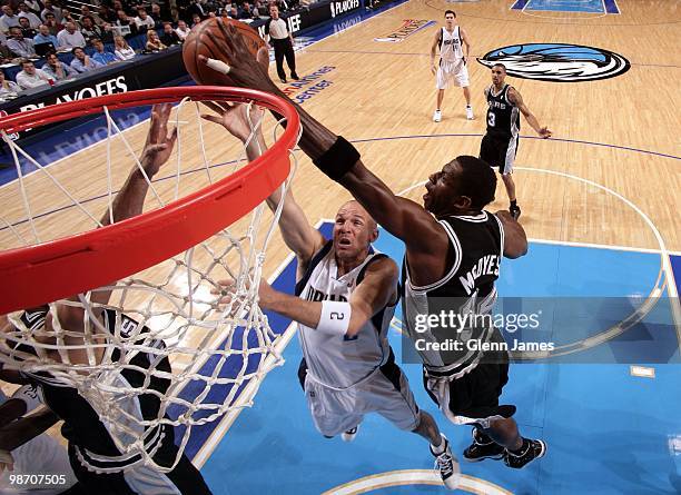 Jason Kidd of the Dallas Mavericks shoots a layup against DeJuan Blair of the San Antonio Spurs in Game Two of the Western Conference Quarterfinals...