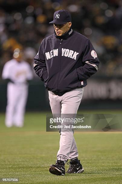 Manager Joe Girardi of the New York Yankees looks on against the Oakland Athletics during an MLB game at the Oakland-Alameda County Coliseum on April...