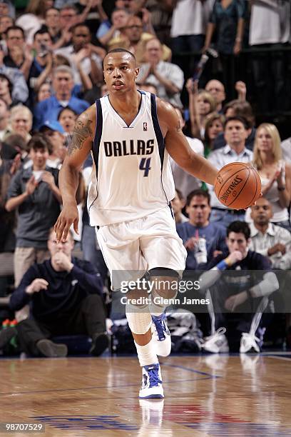 Caron Butler of the Dallas Mavericks moves the ball up court against the San Antonio Spurs in Game Two of the Western Conference Quarterfinals during...