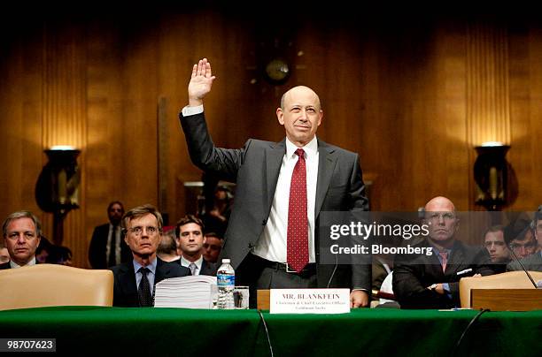 Lloyd C. Blankfein, chairman and chief executive officer of Goldman Sachs Group Inc., is sworn in before a Senate Homeland Security and Governmental...