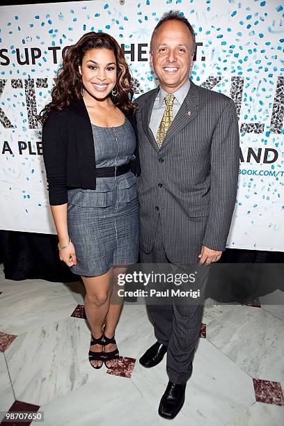 Grammy-nominated singer Jordin Sparks poses for a photo with Rep. Ted Deutch at the Allstate 'X the TXT' Washington DC pledge event at Main Hall in...