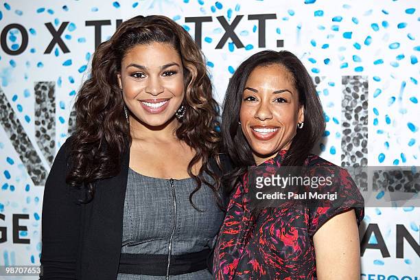 Grammy-nominated singer Jordin Sparks poses for a photo with Stacy Sharpe of Allstate at the Allstate 'X the TXT' Washington DC pledge event at Main...