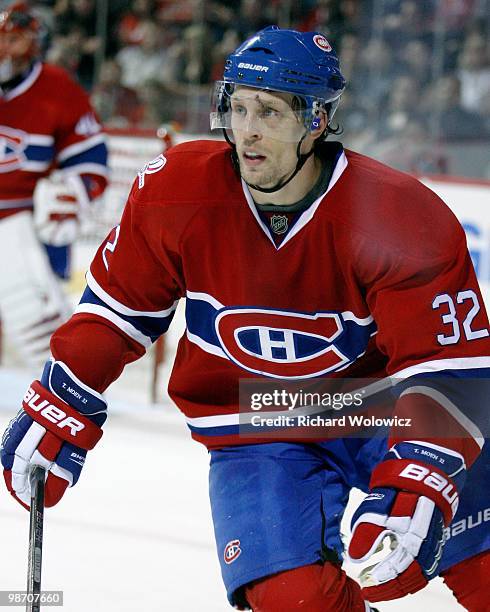 Travis Moen of the Montreal Canadiens skates during the NHL game against the Buffalo Sabres on April 3, 2010 at the Bell Centre in Montreal, Quebec,...