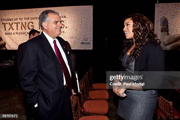 Secretary of Transportation Ray LaHood talks with American Idol-winner Jordin Sparks at the Allstate 'X the TXT' press conference at Columbus Club in...