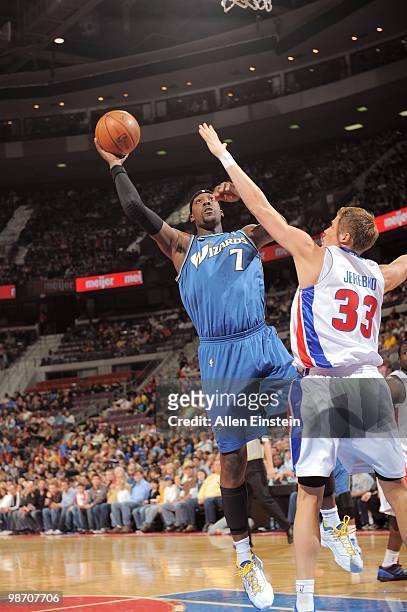 Andray Blatche of the Washington Wizards hooks a shot over Jonas Jerebko of the Detroit Pistons during the game on March 12, 2010 at The Palace of...