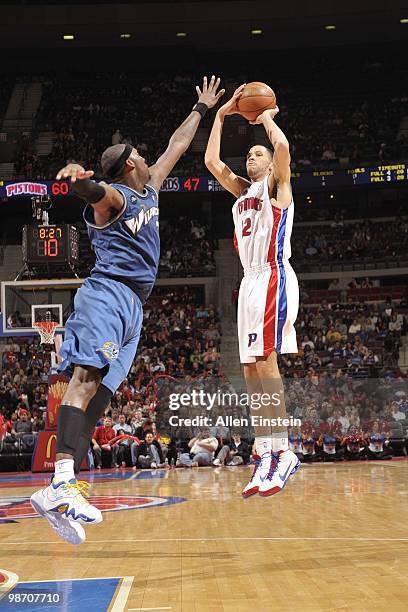 Tayshaun Prince of the Detroit Pistons shoots over Andray Blatche of the Washington Wizards during the game on March 12, 2010 at The Palace of Auburn...