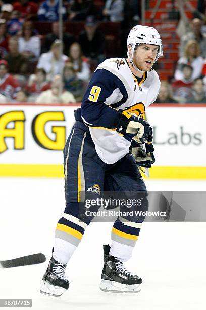 Derek Roy of the Buffalo Sabres skates during the NHL game against the Montreal Canadiens on April 3, 2010 at the Bell Centre in Montreal, Quebec,...