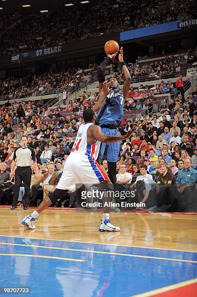 Andray Blatche of the Washington Wizards takes a jump shot over Jason Maxiell of the Detroit Pistons during the game on March 12, 2010 at The Palace...