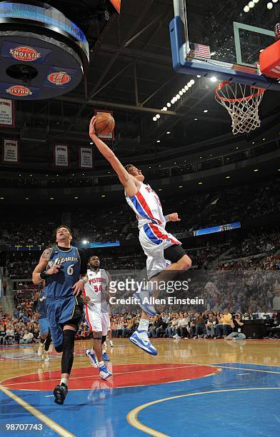 Jonas Jerebko of the Detroit Pistons goes to the hoop during the game against the Washington Wizards on March 12, 2010 at The Palace of Auburn Hills...