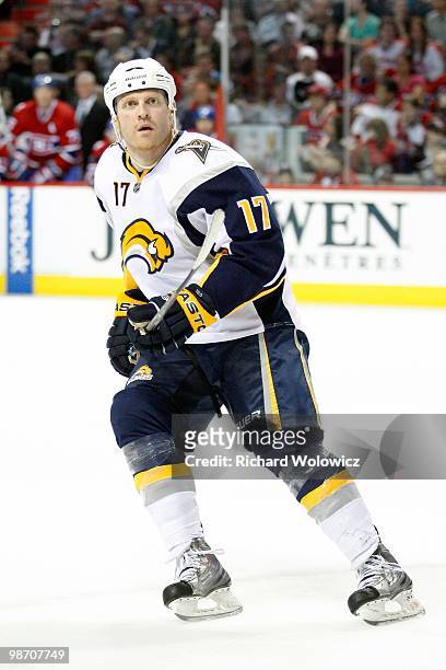 Raffi Torres of the Buffalo Sabres skates during the NHL game against the Montreal Canadiens on April 3, 2010 at the Bell Centre in Montreal, Quebec,...